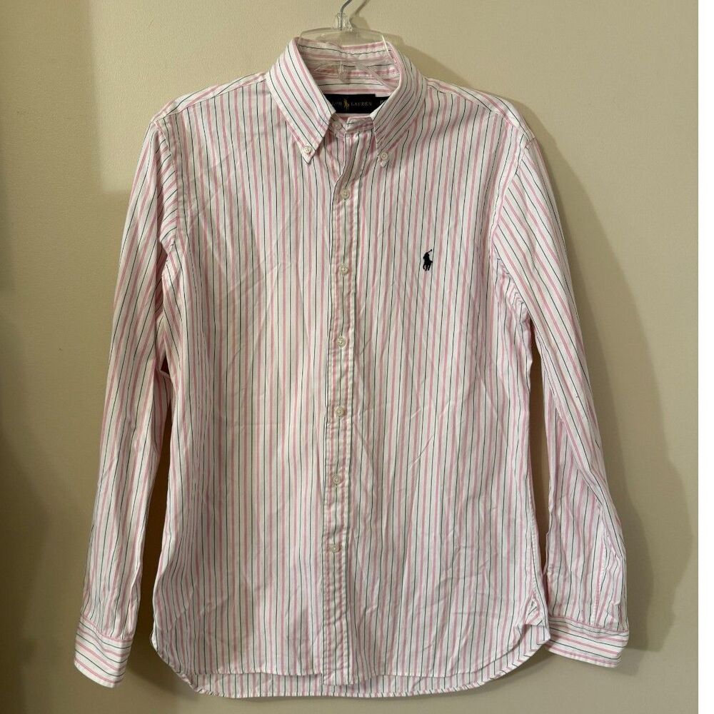 Vintage Polo Ralph Lauren Pink Blue Striped Button Up Shirt 15 1/2 / 39 Med